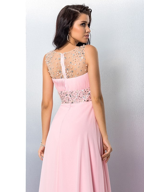 A-Line/Princess Sheer Neck Beading Sleeveless Long Chiffon Dresses