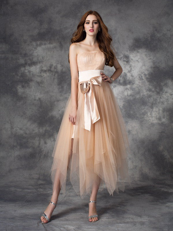 A-line/Princess Strapless Bowknot Sleeveless Long Woven Satin Dresses