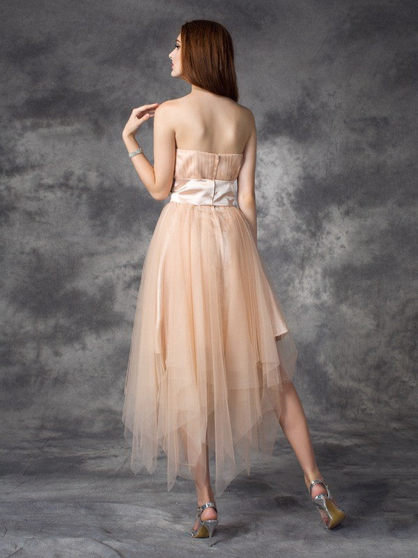 A-line/Princess Strapless Bowknot Sleeveless Long Woven Satin Dresses
