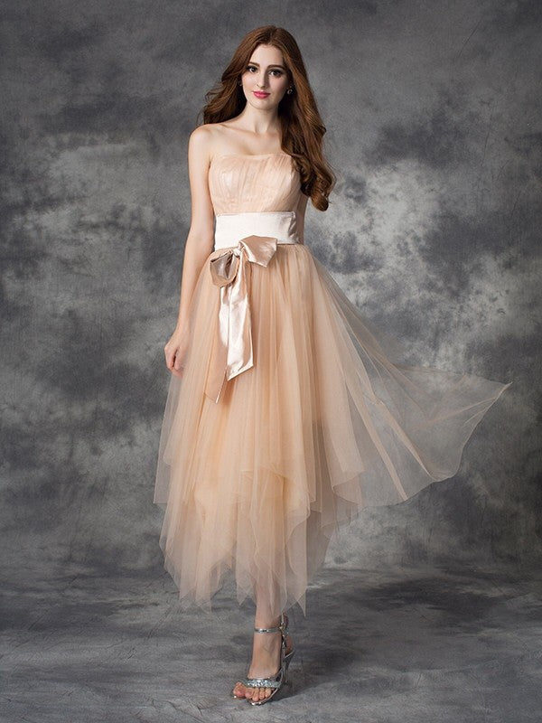 A-line/Princess Strapless Bowknot Sleeveless Long Woven Satin Dresses