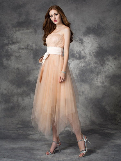 A-line/Princess Strapless Bowknot Sleeveless Long Woven Satin Dresses