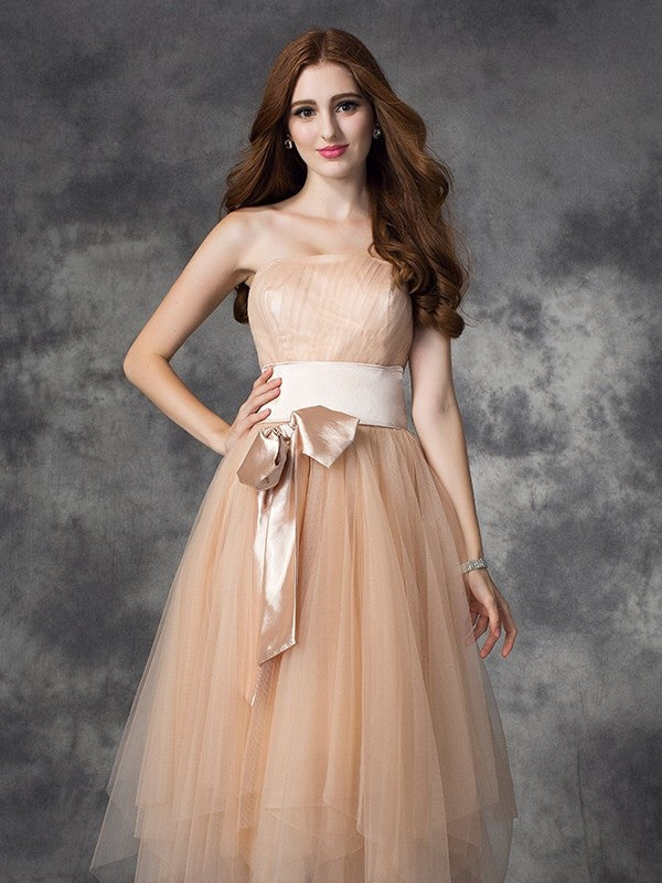 A-line/Princess Strapless Bowknot Sleeveless Long Woven Satin Dresses