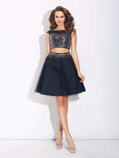 A-Line/Princess Bateau Beading Sleeveless Short Net Two Piece Dresses