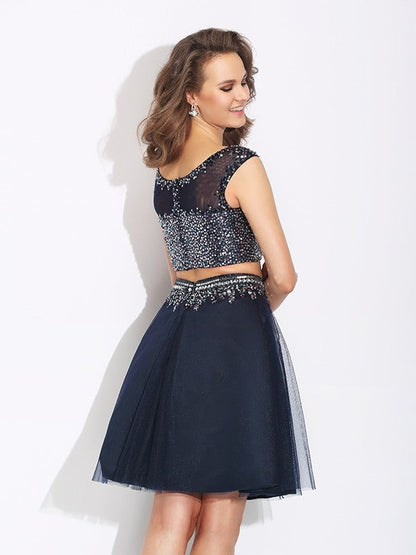 A-Line/Princess Bateau Beading Sleeveless Short Net Two Piece Dresses