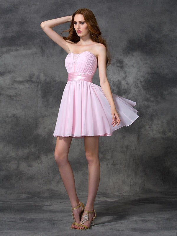 A-line/Princess Sweetheart Ruched Sleeveless Short Chiffon Dresses