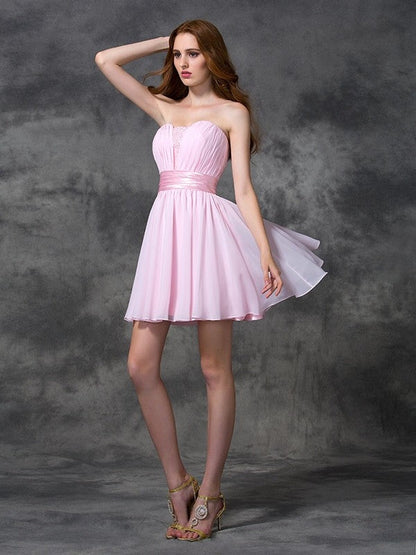 A-line/Princess Sweetheart Ruched Sleeveless Short Chiffon Dresses