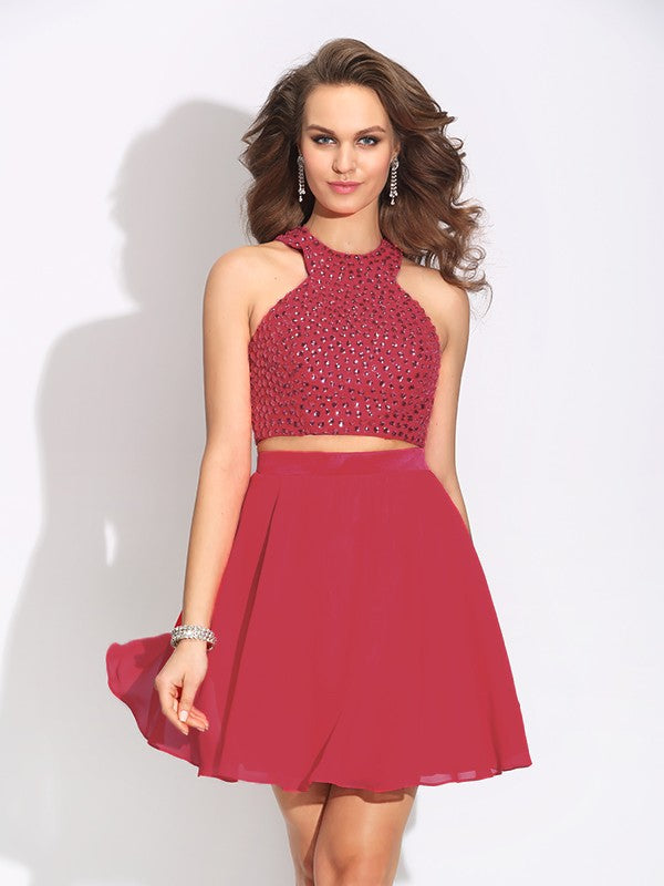 A-Line/Princess Jewel Crystal Sleeveless Short Chiffon Two Piece Dresses
