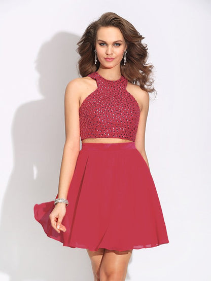 A-Line/Princess Jewel Crystal Sleeveless Short Chiffon Two Piece Dresses