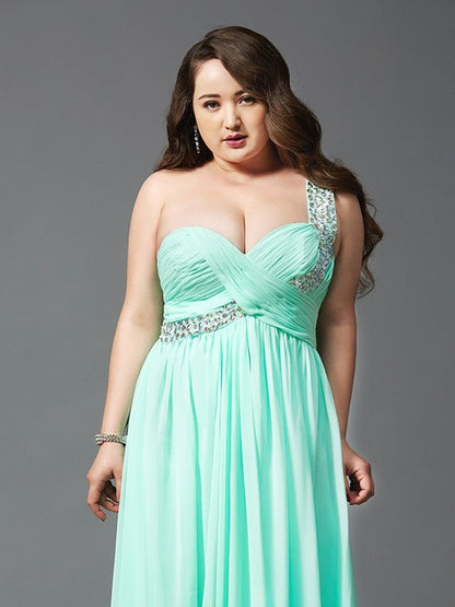 A-Line/Princess One-Shoulder Rhinestone Sleeveless Long Chiffon Plus Size Dresses