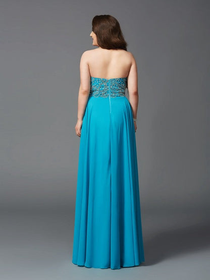 A-Line/Princess Sweetheart Beading Sleeveless Long Chiffon Plus Size Dresses