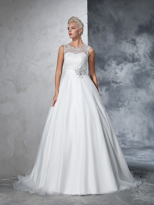 Ball Gown Sheer Neck Lace Sleeveless Long Net Wedding Dresses