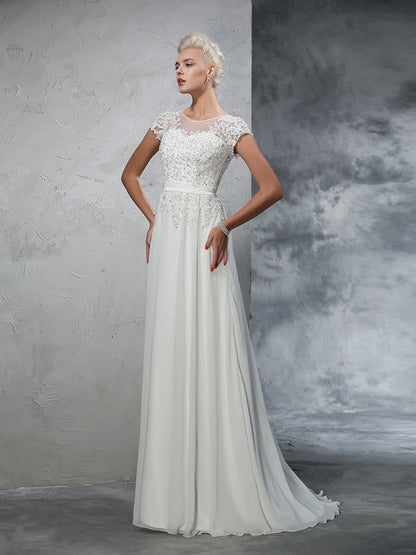 A-Line/Princess Sheer Neck Applique Short Sleeves Long Chiffon Wedding Dresses