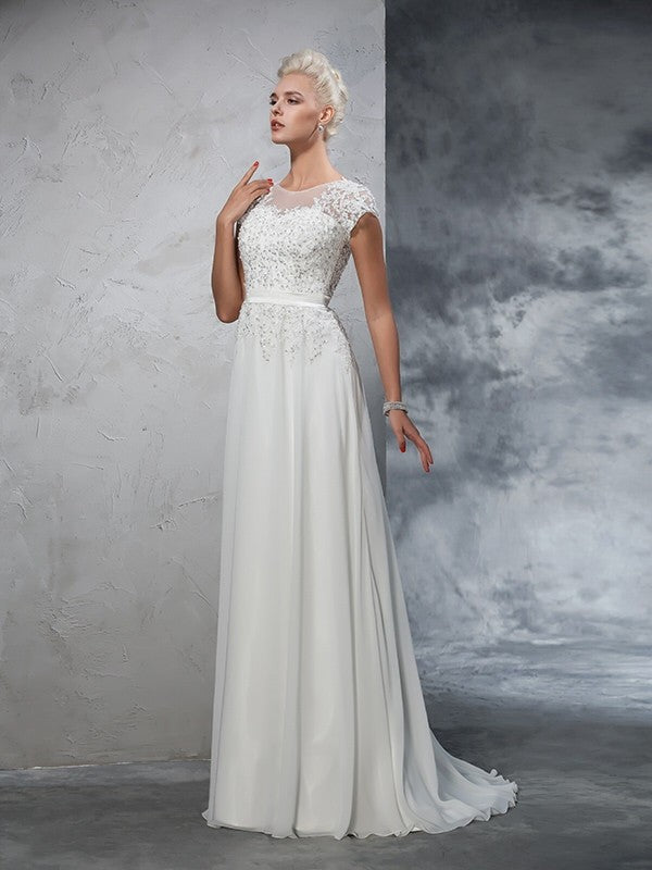 A-Line/Princess Sheer Neck Applique Short Sleeves Long Chiffon Wedding Dresses