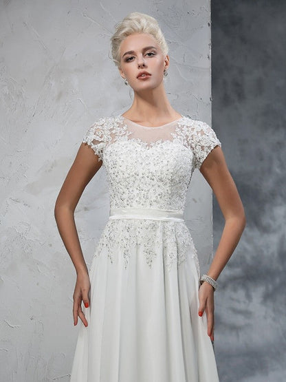 A-Line/Princess Sheer Neck Applique Short Sleeves Long Chiffon Wedding Dresses
