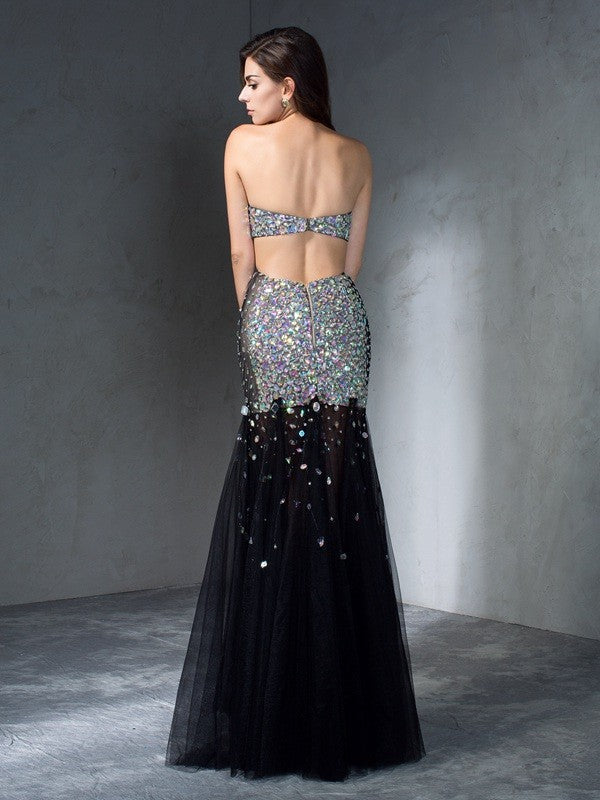 Sheath/Column Strapless Sequin Sleeveless Long Satin Dresses