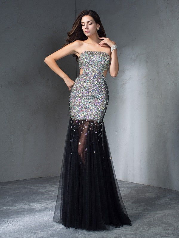 Sheath/Column Strapless Sequin Sleeveless Long Satin Dresses
