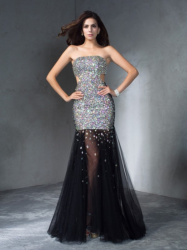Sheath/Column Strapless Sequin Sleeveless Long Satin Dresses