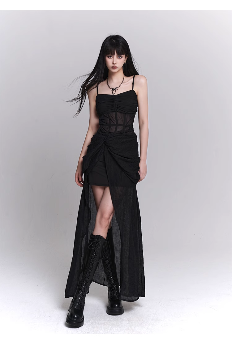 New Fashion Black Chiffon Spaghetti Strap Prom Dress Evening Dress TP2905