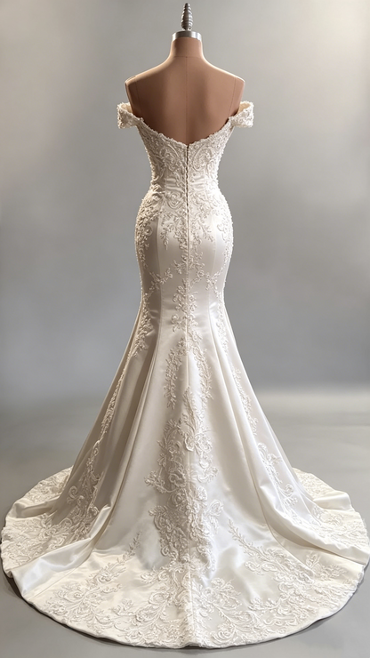 Classic Ivory Off-the-Shoulder Beaded Satin Applique Mermaid Wedding Dress TP5919