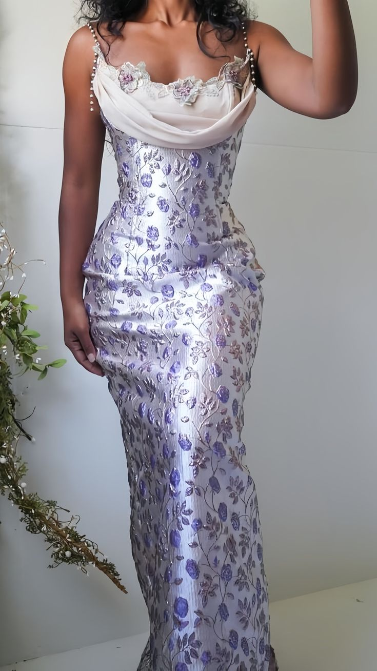 Vintage Lavender Floral Embroidered Mermaid Gown with Pearl-Strap Draped Bodice Prom Dress TP5575