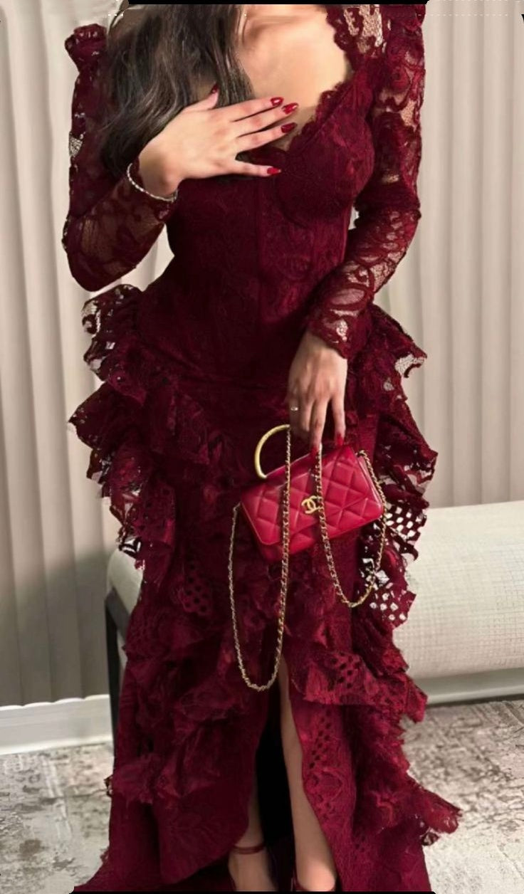 Glam Burgundy Lace Mermaid Maxi Dress | V-Neck Layered Ruffle Dress, Gala Friends Gathering Fashion Outfit gh6452