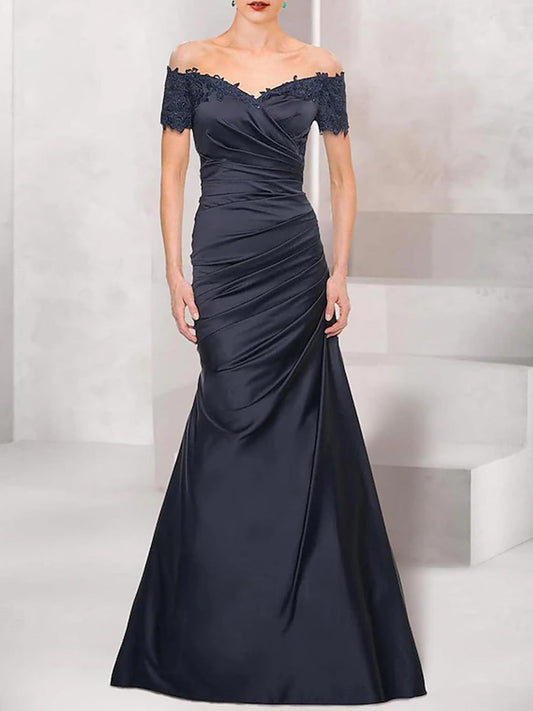 Mermaid Bride Mom Dress Wedding Guests Elegant Retro Off Shoulder V-neck Satin Lace Ruffles 2026