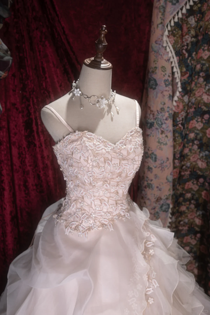 Gorgeous Pink Spaghetti Strap Lace Applique Ruffled Tulle Formal Ball Gown TP5791