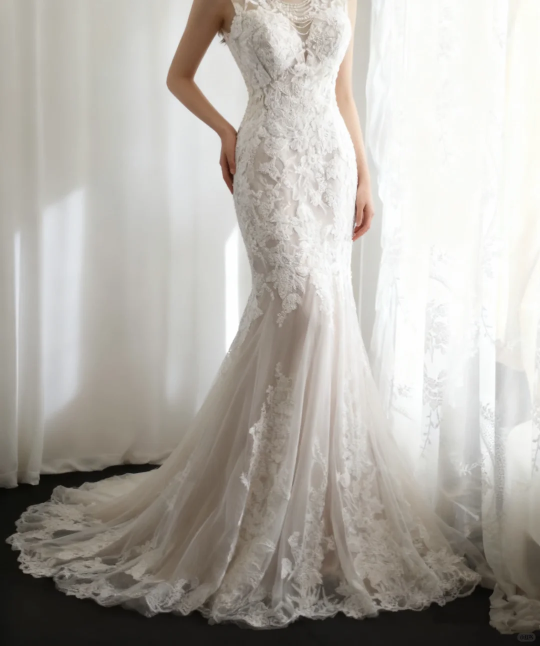 Vintage Lace Applique Mermaid Wedding Dress with Illusion Neckline & Cathedral Train TP5632