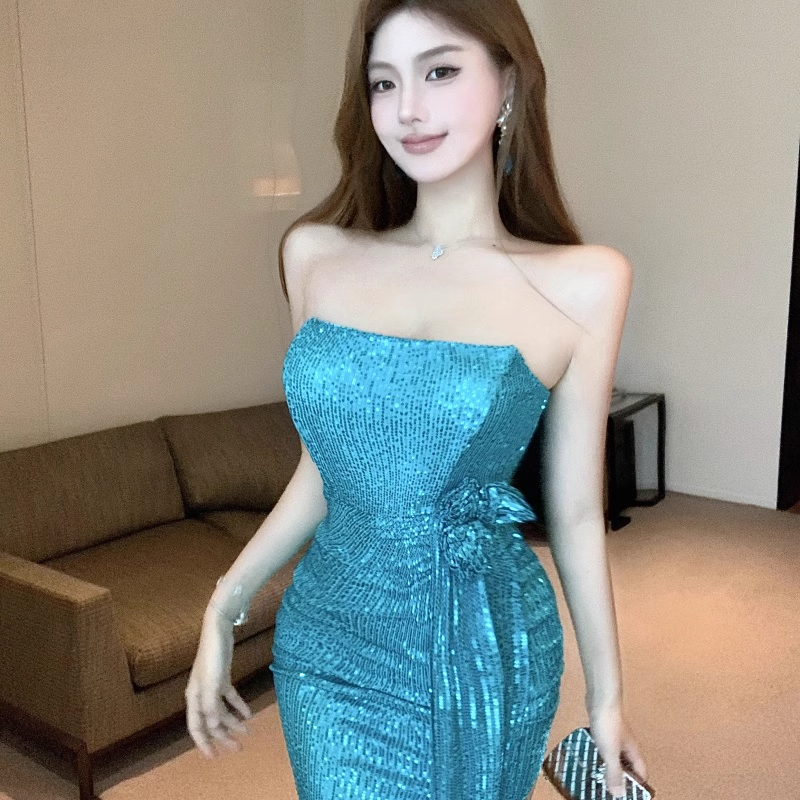 Fashion Blue Sequin Split Dress Design A-line Sleeveless Strapless Homecoming Dress TP3708
