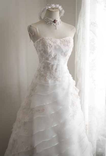 Vintage Strapless White tulle Layered Mermaid Long Wedding Dress Bridal Dress SP1247