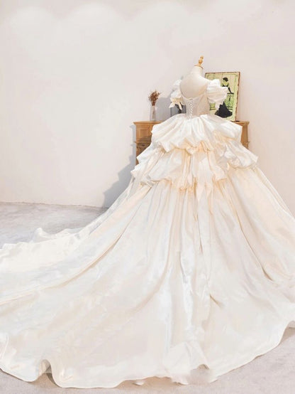 Glamorous A-Line Puff Sleeve Satin Beaded Bodice Wedding Dress Layered Ruffles Bridal Gown TP5087