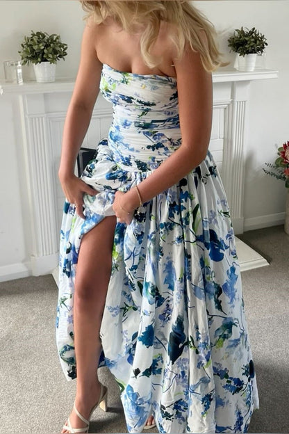 girlhomeshops-Blue And White Floral Long Satin Chiffon Ball Gown Graduation Dress gh5927