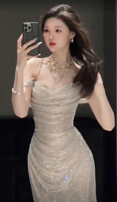 Elegant Glittering Sequined Off-Shoulder Sheath High Slit Shimmering Fabric Evening Gown TP5336
