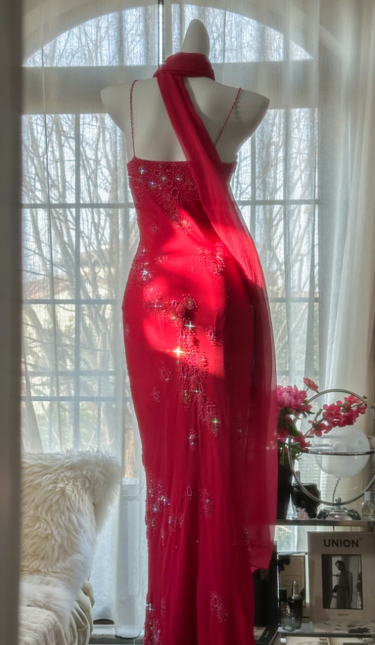 Pretty Red Spaghetti Straps Chiffon Beaded Mermaid Evening Dress Long Birthday Party Dress Prom Gown