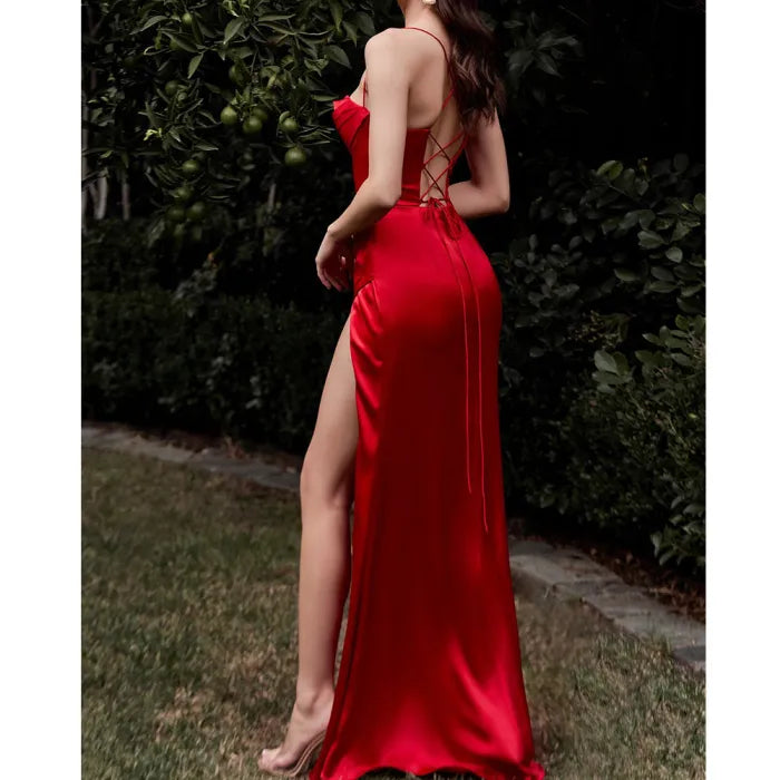 Women's solid color sexy slit off shoulder wedding prom dress