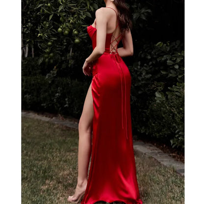 Women's solid color sexy slit off shoulder wedding prom dress