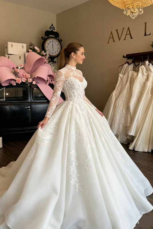 Elegant Ivory High Neck Illusion Long Sleeve Floral Lace Appliques Chapel Train A-Line Wedding Dress TP5904