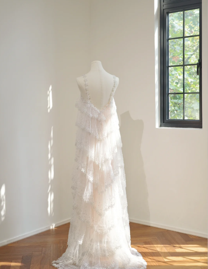 Classy Spaghetti Straps Tulle Sequin Beaded Layered Long Birthday Prom Dress Party Gown