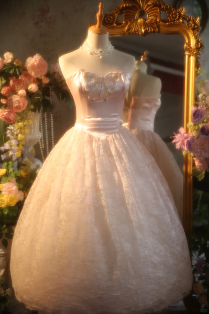 Vintage Pink Satin Strapless Sequin Bow Lace Tulle Skirt Sweet 15 Quinceanera Ball Gown TP5512