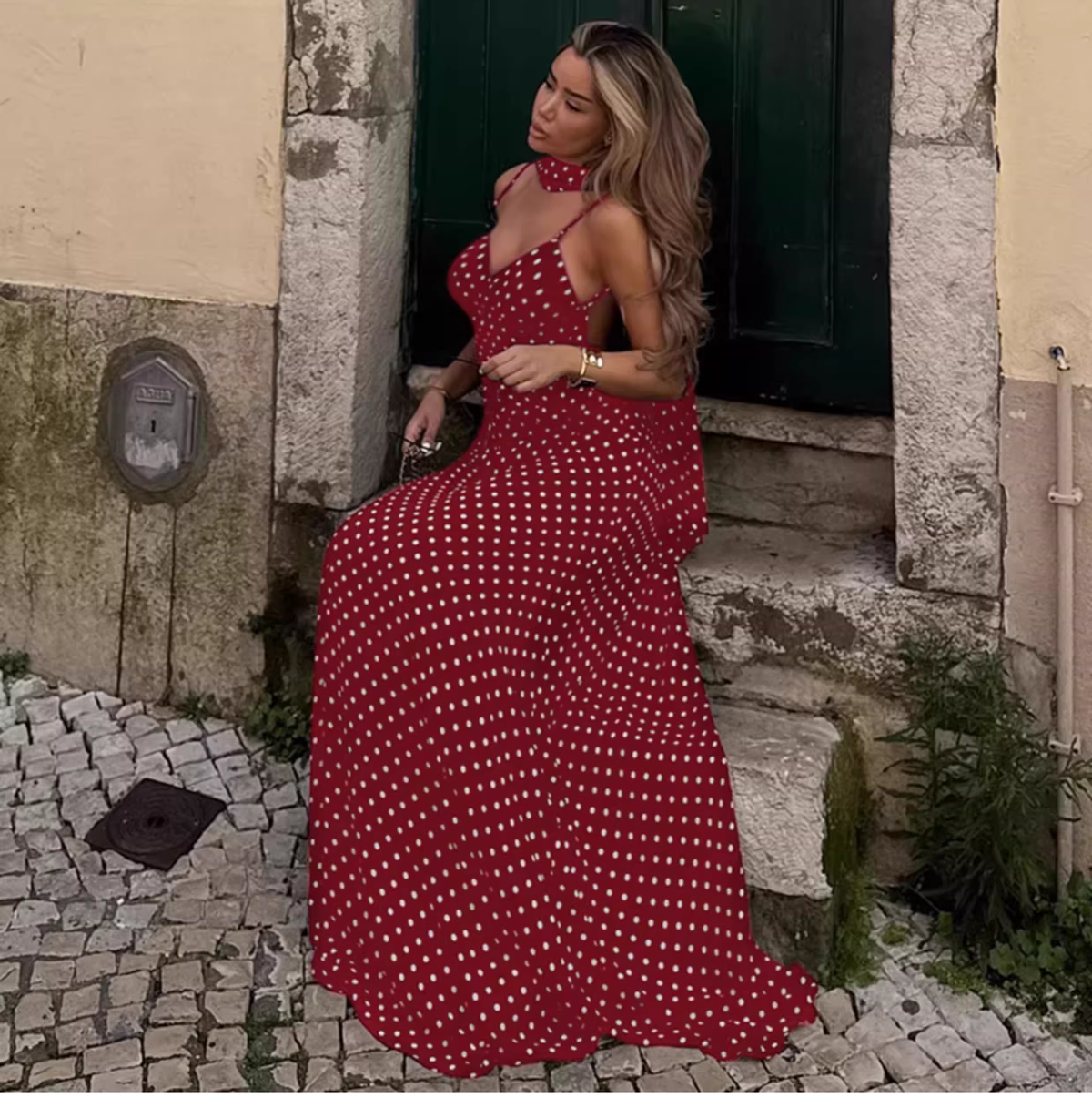 Vintage Polka Dot Spaghetti Strap Maxi Prom Dress with Neck Scarf TP5709