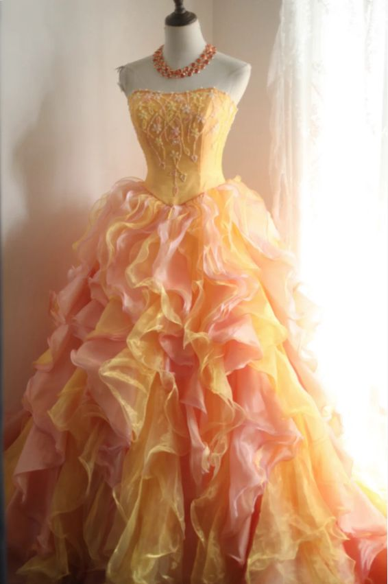 Vintage Ombre Yellow-Pink Ruffled Organza Strapless Beaded Quinceanera Sweet 15 Ball Gown TP5864