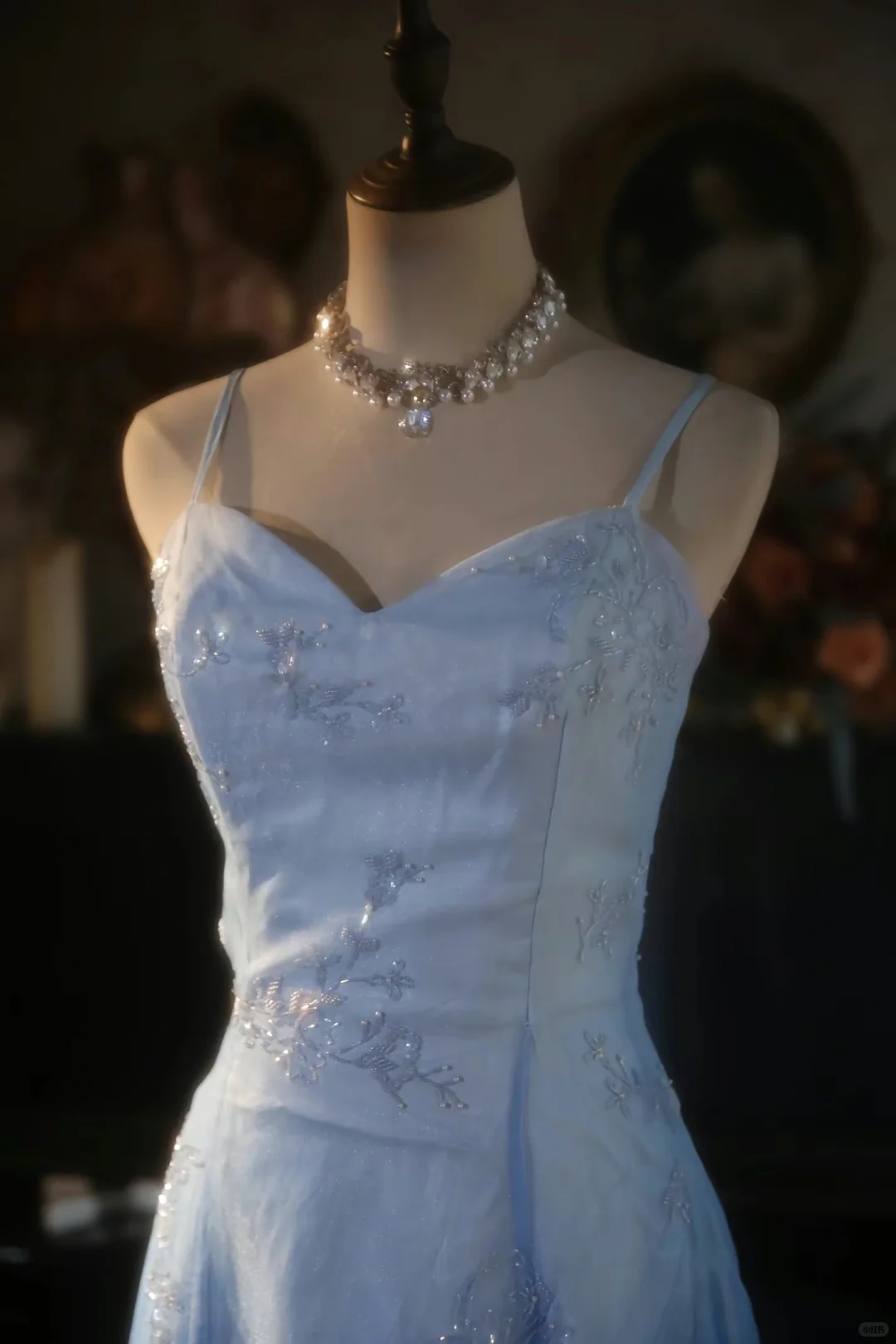 Vintage Light Blue Spaghetti Strap Sequin Evening Gown TP5529