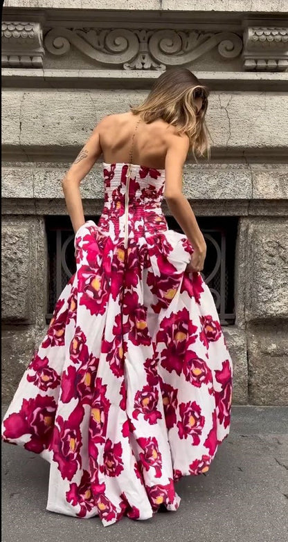 girlhomeshops-Red Floral Long Satin Chiffon Ball Gown Graduation Dress gh5928