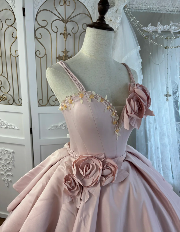 Princess Spaghetti Straps Satin Beaded Ball Gown Pink Sweet 16 Quinceanera Dress With 3D Flowers SP1777