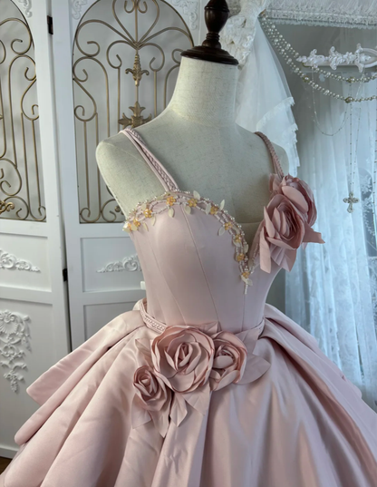 Princess Spaghetti Straps Satin Beaded Ball Gown Pink Sweet 16 Quinceanera Dress With 3D Flowers SP1777