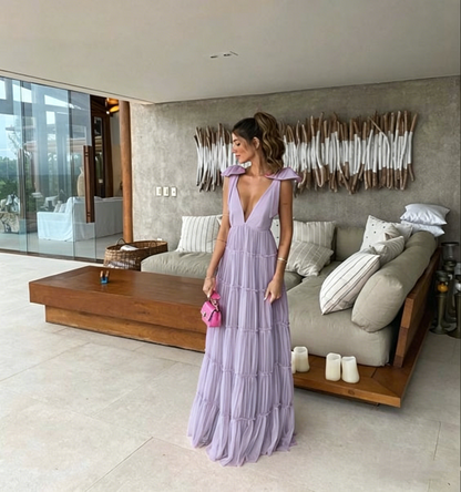 Vintage Hot Pink V-neck Prom Dress Long Pleated Evening Dress A-Line Backless Formal Dress TP4591