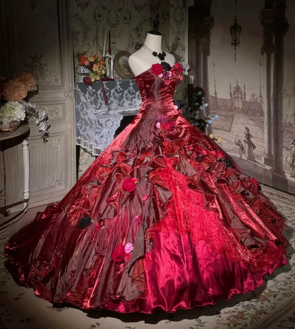 Elegant Burgundy Strapless 3D Floral & Ruffled Satin Layers Ball Gown TP5132