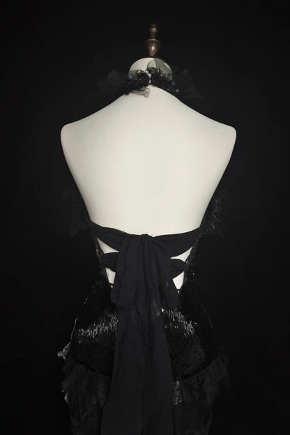 girlhomeshops-Evening dress Black mermaid-inspired floral gown, uniquely elegant dark mermaid long tulle ball gown/evening dress. gh6138