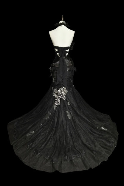 girlhomeshops-Evening dress Black mermaid-inspired floral gown, uniquely elegant dark mermaid long tulle ball gown/evening dress. gh6138
