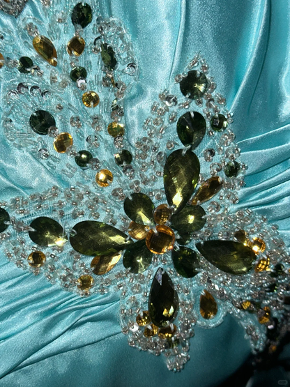 Elegant Turquoise Satin Halter Neck Rhinestone Beaded Evening Gown TP5368